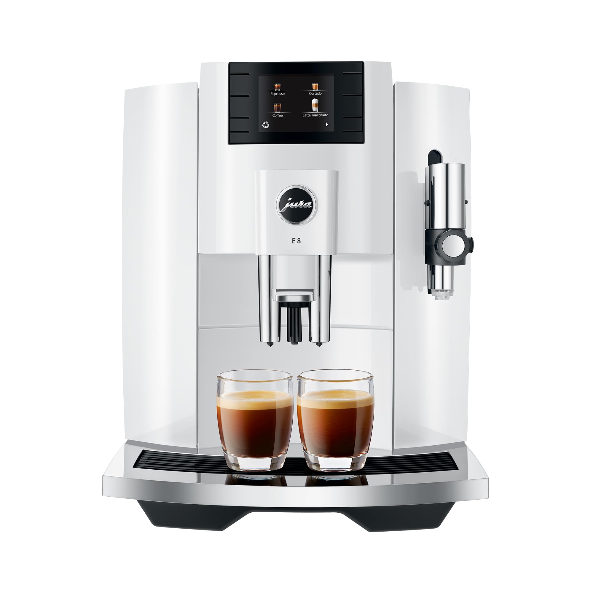 Jura E8 Automatic Coffee Machine with 17 Programmed Specialties, 2.8-Inch Display, and Professional Aroma Grinder (Piano White, Renewed)